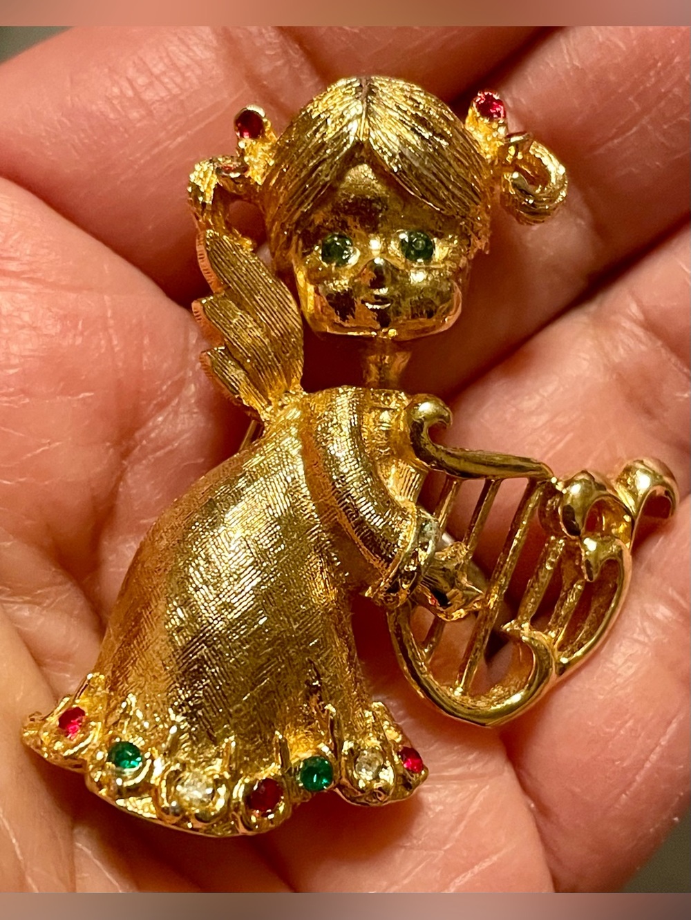 Vintage Mylu Gold-Tone Angel Brooch with Multi-Colored Accent Stones